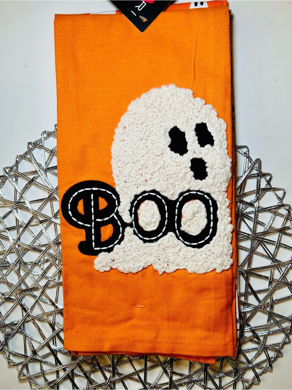 3 Halloween 'Boo' Ghost Decorative Kitchen Tea Towel Black White Embellishment